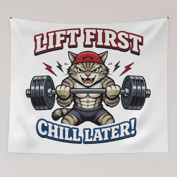 Item preview, Lift First Chill Later Funny Gym Cat Weightlifting Barbell designed and sold by Owcomm.