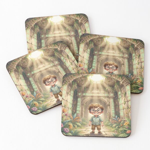 Item preview, Magical children's explorer in ancient ruins with glowing symbols and warm mystical light designed and sold by FotoworldEdel.
