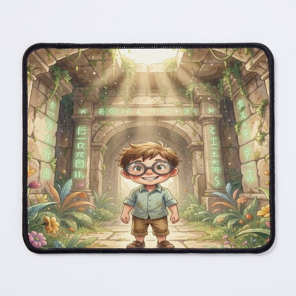Item preview, Magical children's explorer in ancient ruins with glowing symbols and warm mystical light designed and sold by FotoworldEdel.