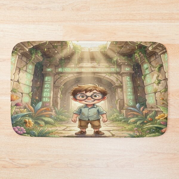 Item preview, Magical children's explorer in ancient ruins with glowing symbols and warm mystical light designed and sold by FotoworldEdel.