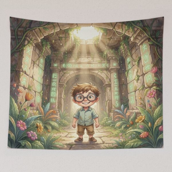 Item preview, Magical children's explorer in ancient ruins with glowing symbols and warm mystical light designed and sold by FotoworldEdel.