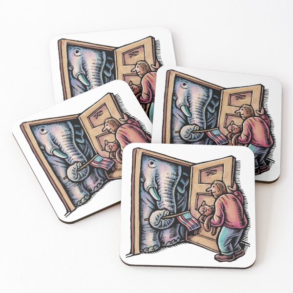 Item preview, man opens door to see elephant in the doorway with a little american flag designed and sold by LisaHaney.