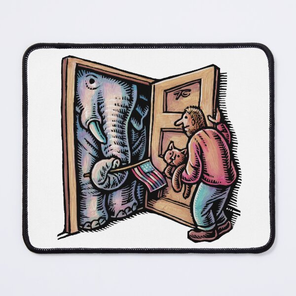 Item preview, man opens door to see elephant in the doorway with a little american flag designed and sold by LisaHaney.