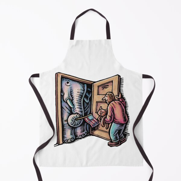 Item preview, man opens door to see elephant in the doorway with a little american flag designed and sold by LisaHaney.