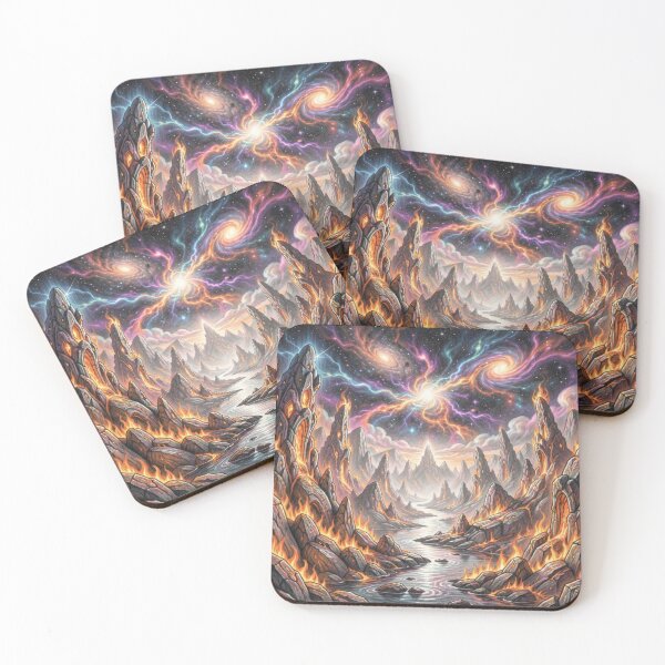 Item preview, Surreal fire landscape with cosmic galaxies and luminous energy above burning rock formations designed and sold by FotoworldEdel.