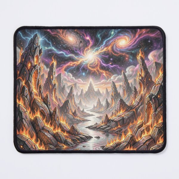 Item preview, Surreal fire landscape with cosmic galaxies and luminous energy above burning rock formations designed and sold by FotoworldEdel.
