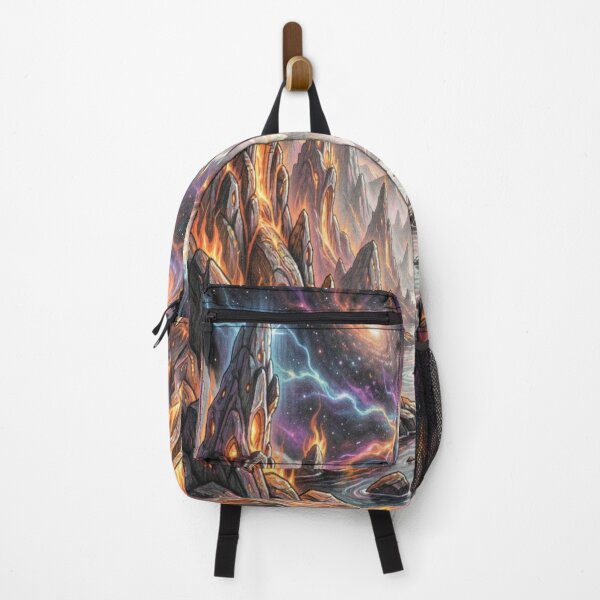 Item preview, Surreal fire landscape with cosmic galaxies and luminous energy above burning rock formations designed and sold by FotoworldEdel.