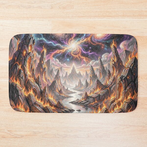 Item preview, Surreal fire landscape with cosmic galaxies and luminous energy above burning rock formations designed and sold by FotoworldEdel.