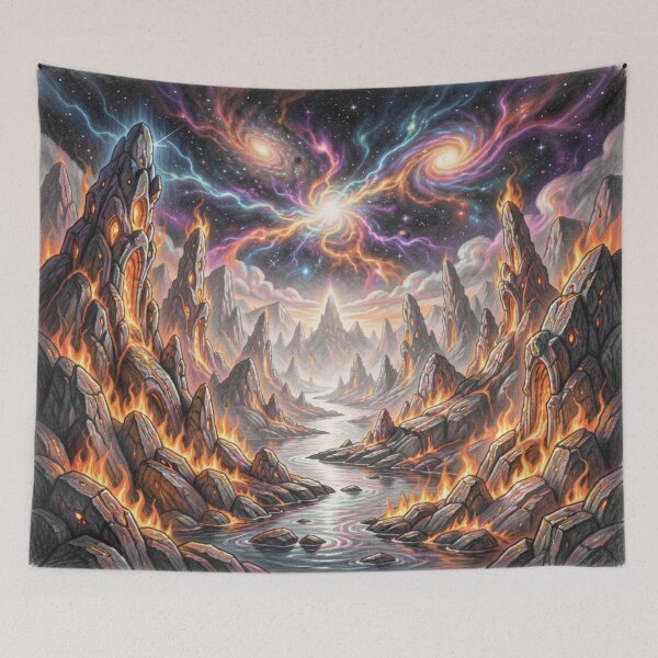 Item preview, Surreal fire landscape with cosmic galaxies and luminous energy above burning rock formations designed and sold by FotoworldEdel.
