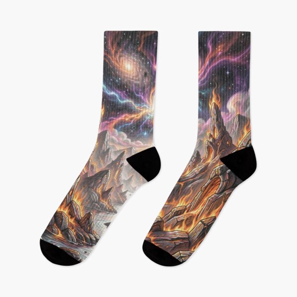 Item preview, Surreal fire landscape with cosmic galaxies and luminous energy above burning rock formations designed and sold by FotoworldEdel.