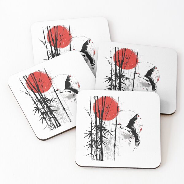 Item preview, Japanese Crane Red Sun Art | Minimal Black White Ink Style | Oriental Aesthetic Design designed and sold by amareshdas008.
