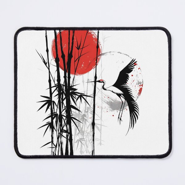 Item preview, Japanese Crane Red Sun Art | Minimal Black White Ink Style | Oriental Aesthetic Design designed and sold by amareshdas008.