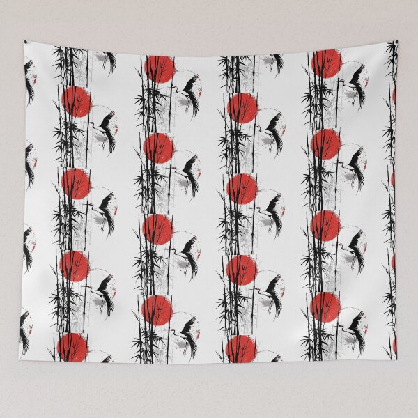 Item preview, Japanese Crane Red Sun Art | Minimal Black White Ink Style | Oriental Aesthetic Design designed and sold by amareshdas008.
