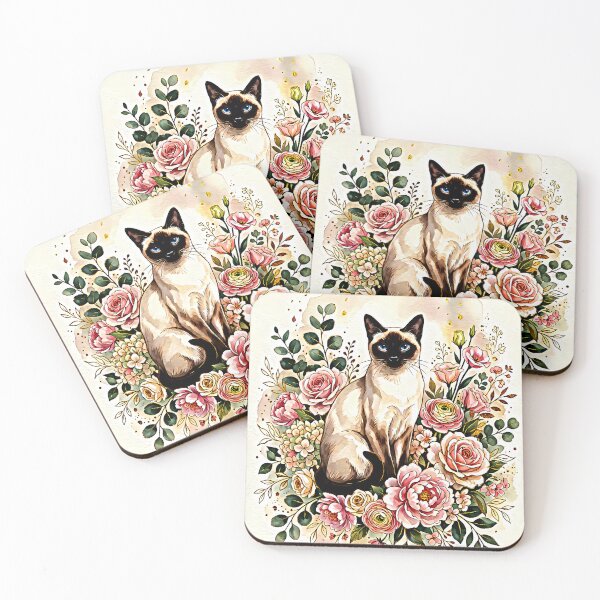 Item preview, Elegant Siamese Cat in Floral Garland Watercolor Art Print designed and sold by meesub.