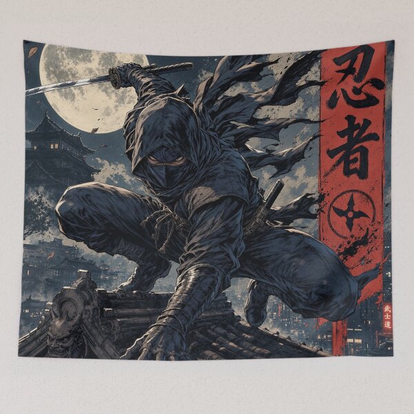 Item preview, A Japanese ninja posing against the moon designed and sold by whiteblackcat.