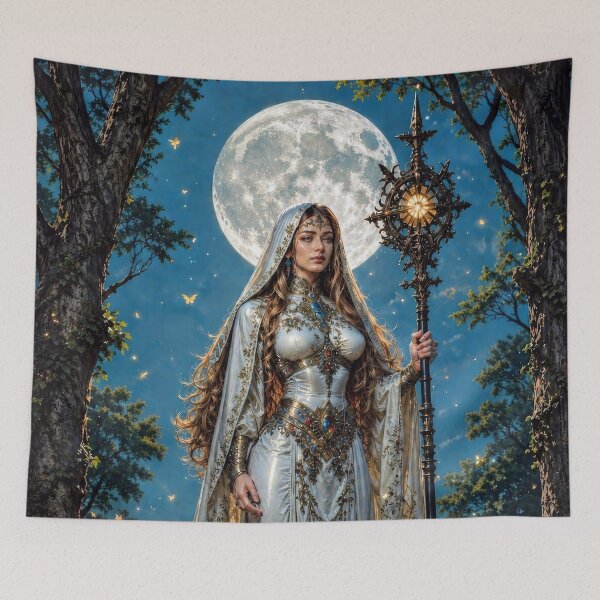Item preview, Moon Priestess in Enchanted Forest | Fantasy Goddess Under Full Moon designed and sold by DrakariArt.