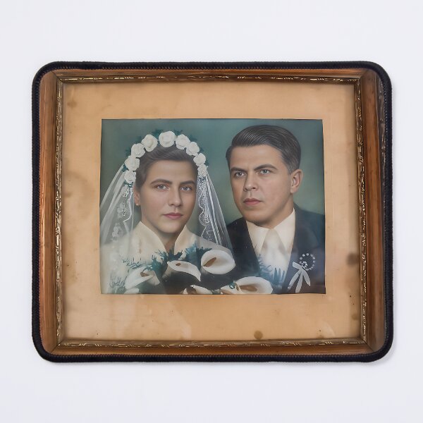 Item preview, picture of the bride and groom the picture was created during the Second World War Štefan Drabik with Anna Drabikova born Korenna designed and sold by Nalimkibard.