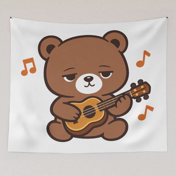 Item preview, Grumpy Kawaii Bear Playing Ukulele with Music Notes Cute Brown Teddy Musician Illustration designed and sold by Owcomm.