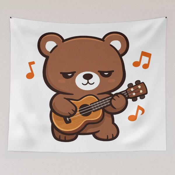 Item preview, Grumpy Kawaii Bear Playing Ukulele with Music Notes Cute Brown Bear Musician Illustration designed and sold by Owcomm.