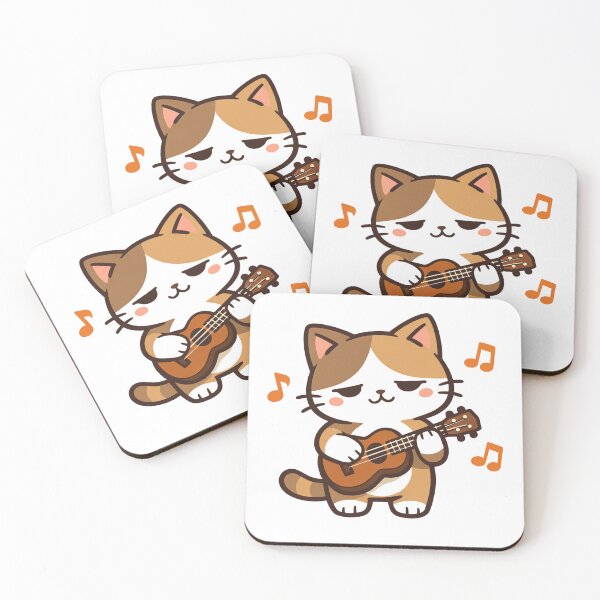 Item preview, Grumpy Kawaii Cat Playing Ukulele with Music Notes Cute Cartoon Kitten Musician designed and sold by Owcomm.