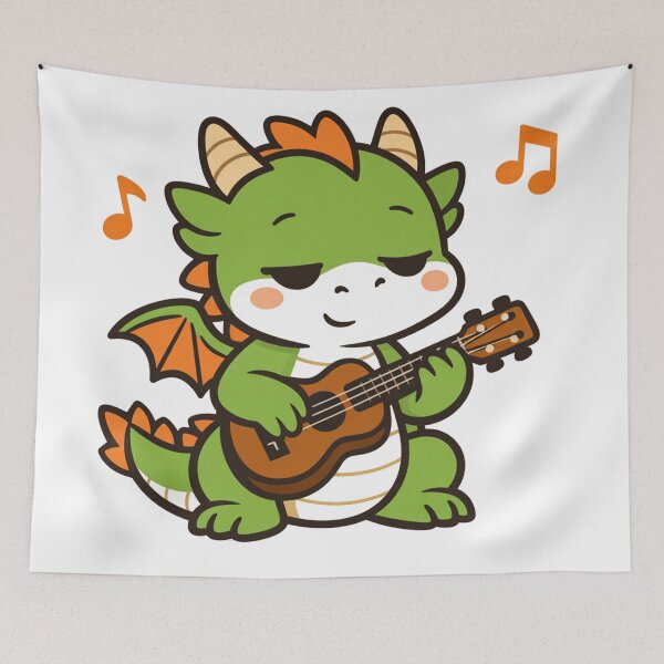 Item preview, Cute Kawaii Dragon Playing Ukulele with Music Notes Green Fantasy Dragon designed and sold by Owcomm.