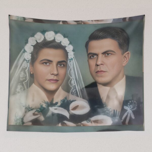 Item preview, picture of the bride and groom the picture was created during the Second World War Štefan Drábik with Anna Drabikova born Korenna  designed and sold by Nalimkibard.