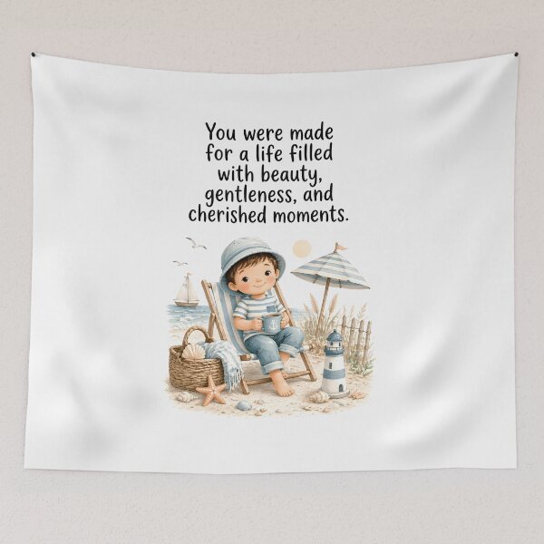 Item preview, Beauty Gentleness Cherished Moments Coastal Boy Nursery Quote Art designed and sold by LoveNurseries.