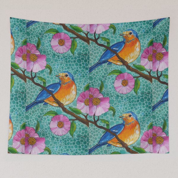 Item preview, Blue Bird Of Happiness 2 Pink Floral Painting Art designed and sold by Sharon Cummings Art.
