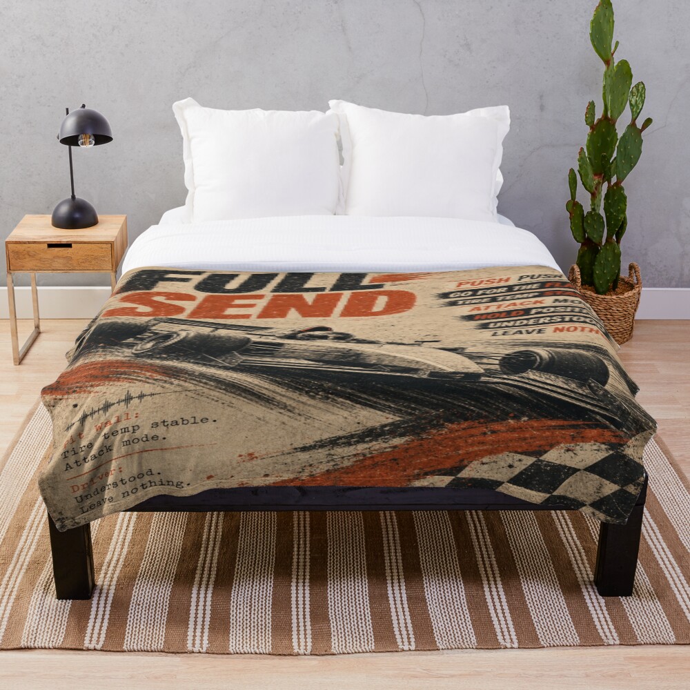 Vintage Pit Radio Grand Prix Racing Poster on a throw blanket