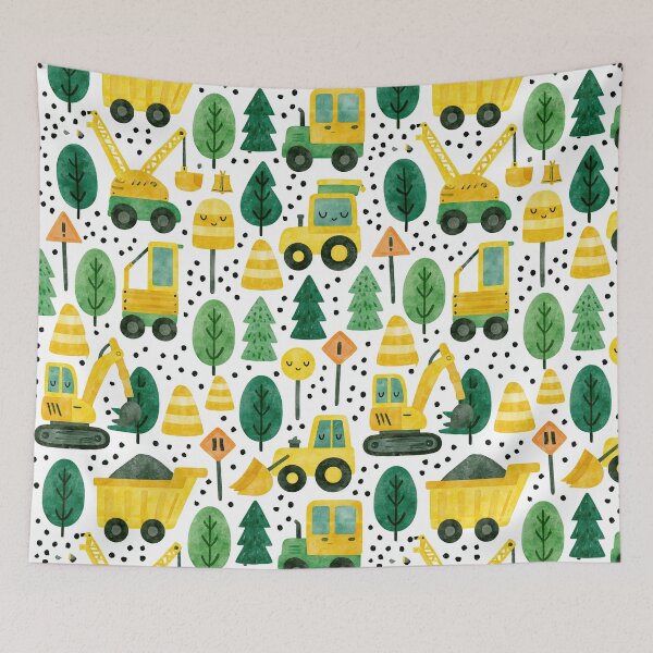 Item preview, Yellow Construction Trucks and Smiley Trees Pattern designed and sold by Piotrek0001.