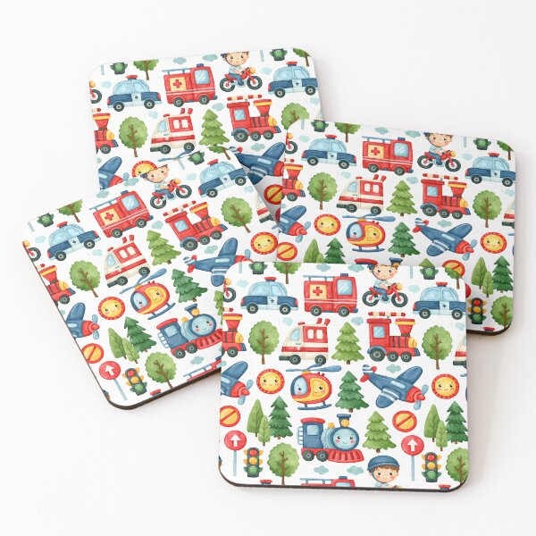 Item preview, Red Fire Engine and Blue Train Watercolor Pattern designed and sold by Piotrek0001.