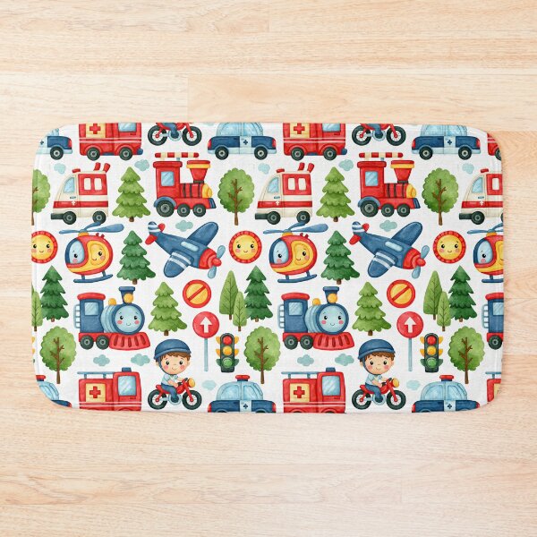 Item preview, Red Fire Engine and Blue Train Watercolor Pattern designed and sold by Piotrek0001.