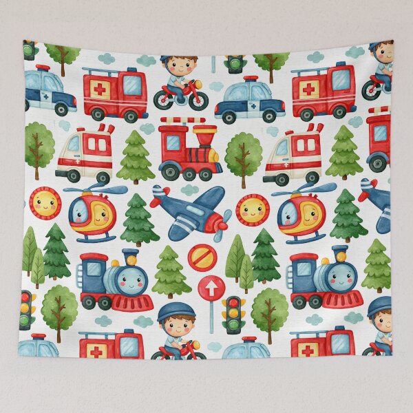 Item preview, Red Fire Engine and Blue Train Watercolor Pattern designed and sold by Piotrek0001.