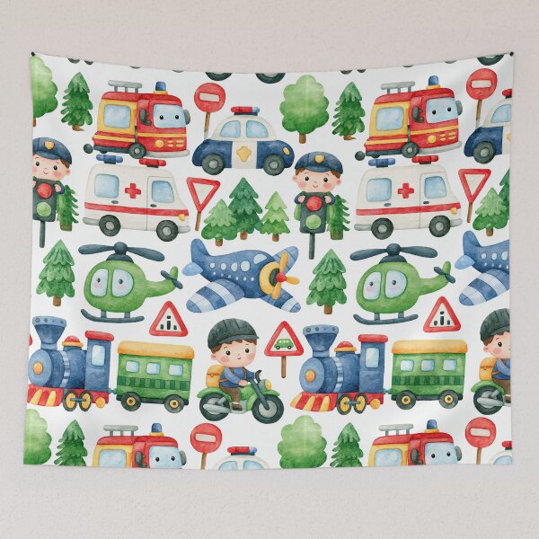 Item preview, Blue Train and Helicopter Rescue Kids Seamless Pattern designed and sold by Piotrek0001.