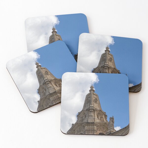 Item preview, Ornate Church Steeple and Bell Tower With Statue Against Blue Sky and Clouds designed and sold by Nmallia.