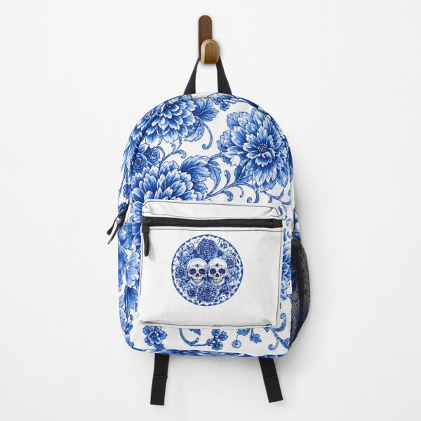 Item preview, Blue Floral Skull Fine China Gothic Pattern Twin Skulls Vintage Porcelain Style designed and sold by SeriouslyArtistical.