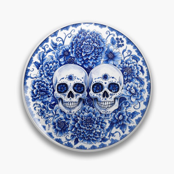 Item preview, Blue Floral Skull Fine China Gothic Pattern Twin Skulls Vintage Porcelain Style designed and sold by SeriouslyArtistical.