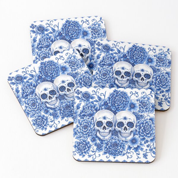 Item preview, Blue Floral Skull Fine China Gothic Pattern Twin Skulls Vintage Porcelain Style designed and sold by SeriouslyArtistical.