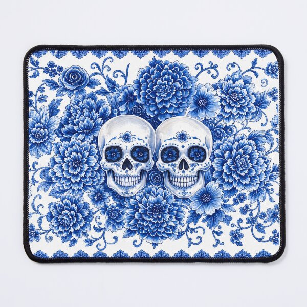 Item preview, Blue Floral Skull Fine China Gothic Pattern Twin Skulls Vintage Porcelain Style designed and sold by SeriouslyArtistical.