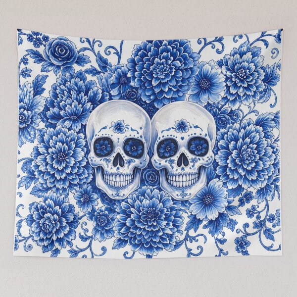 Item preview, Blue Floral Skull Fine China Gothic Pattern Twin Skulls Vintage Porcelain Style designed and sold by SeriouslyArtistical.