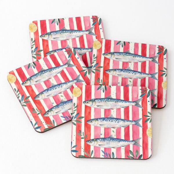 Item preview, Vibrant Watercolor Sardines on Pink & Red Stripes designed and sold by TheSlowShore.