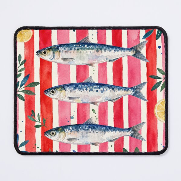 Item preview, Vibrant Watercolor Sardines on Pink & Red Stripes designed and sold by TheSlowShore.