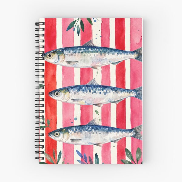 Item preview, Sardinas vibrantes en acuarela sobre rayas rosas y rojas. designed and sold by TheSlowShore.