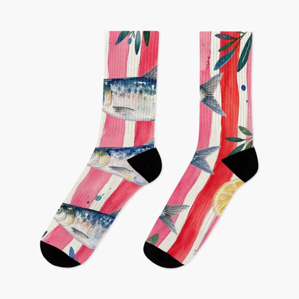 Item preview, Vibrant Watercolor Sardines on Pink & Red Stripes designed and sold by TheSlowShore.