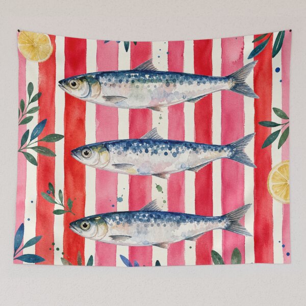 Item preview, Vibrant Watercolor Sardines on Pink & Red Stripes designed and sold by TheSlowShore.