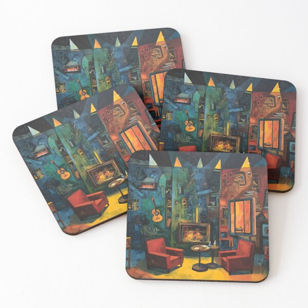 Item preview, Midnight Lounge Rhythm - Vibrant Living Room with Red Chairs, Drinks, and Musical Abstract Wall Art designed and sold by OlfactoART Studio.