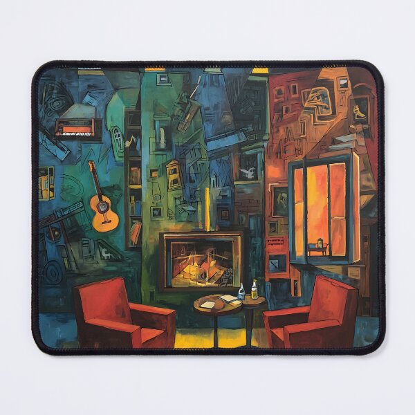 Item preview, Midnight Lounge Rhythm - Vibrant Living Room with Red Chairs, Drinks, and Musical Abstract Wall Art designed and sold by OlfactoART Studio.