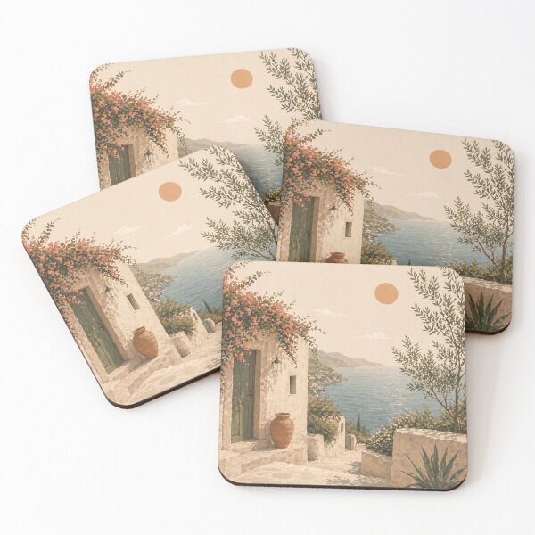 Item preview, Mediterranean Coastal Village with Pink Flowers designed and sold by Nova Graphix.