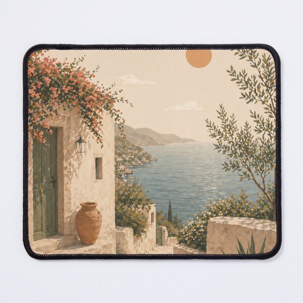 Item preview, Mediterranean Coastal Village with Pink Flowers designed and sold by Nova Graphix.