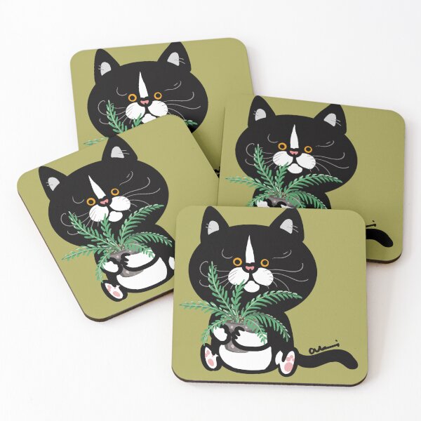 Item preview, Stay Pawsitive & Stay Green: Tuxedo Cat Art - 賓士貓與小盆栽 (ハチワレ猫と観葉植物) designed and sold by MeowdelStudio.